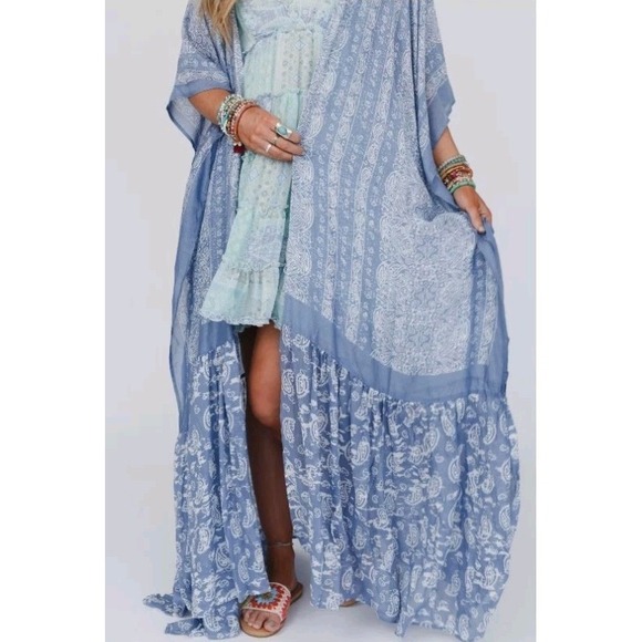 Three Bird Nest Paisley Tapestry Free Flow Duster Kimono One Size Blue Bohemian - Picture 4 of 14